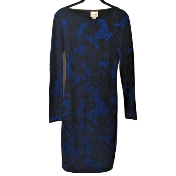 Reiss Dresses & Skirts - REISS Saffina Blue/Black Tropical Jacquard Jersey Bodycon Silhouette Dress (4)